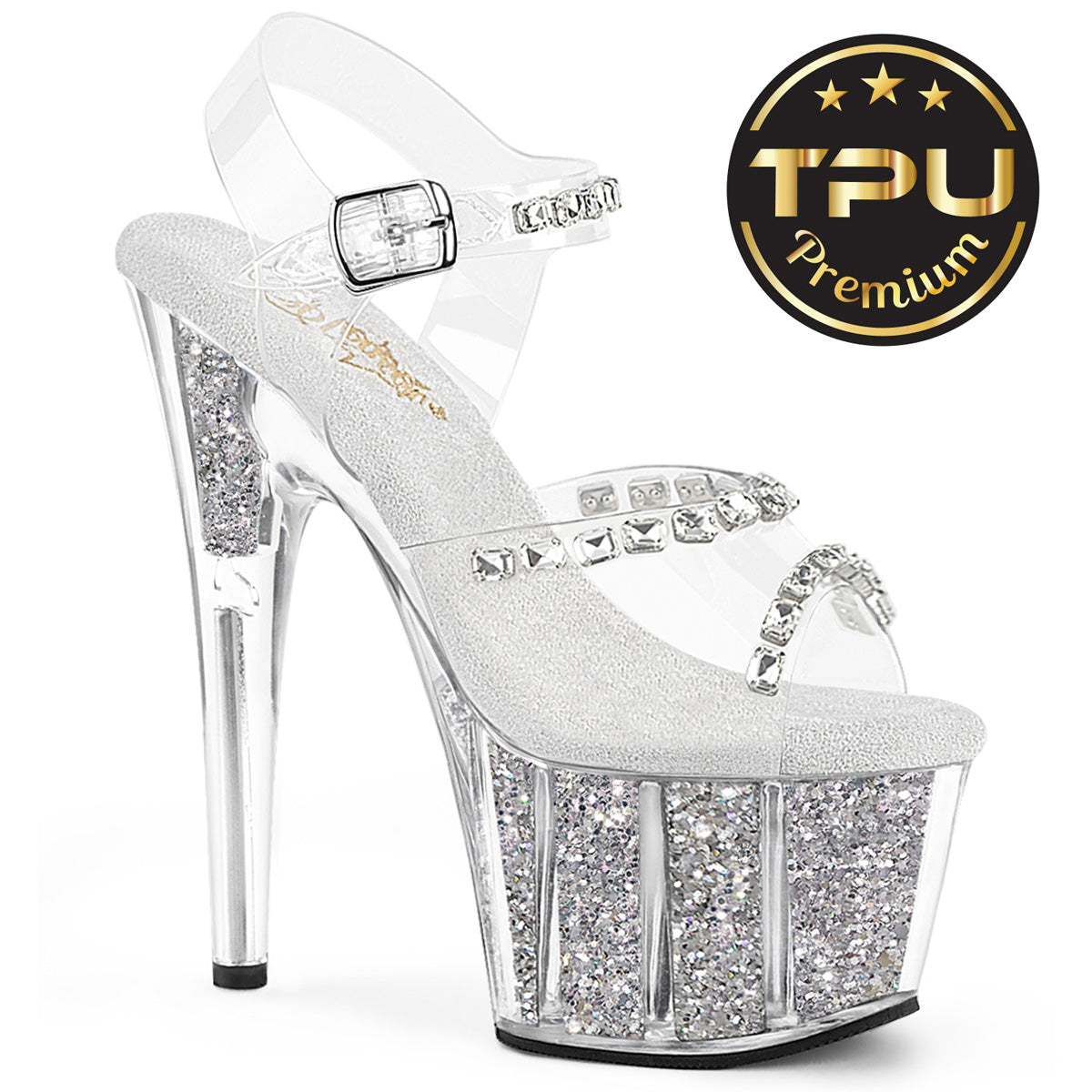 7" Heel, 2 3/4" PF Ankle Strap Sandal w/Glitter Inserts (Pleaser ADO708PREM-STNG/C/SG)