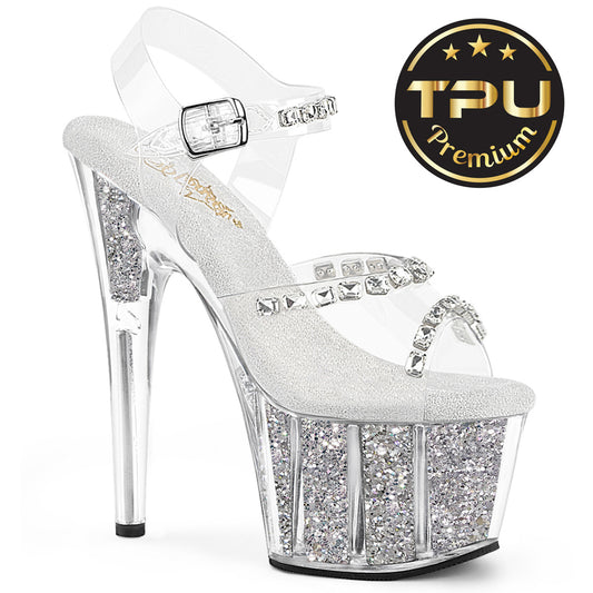 7" Heel, 2 3/4" PF Ankle Strap Sandal w/Glitter Inserts (Pleaser ADO708PREM-STNG/C/SG)