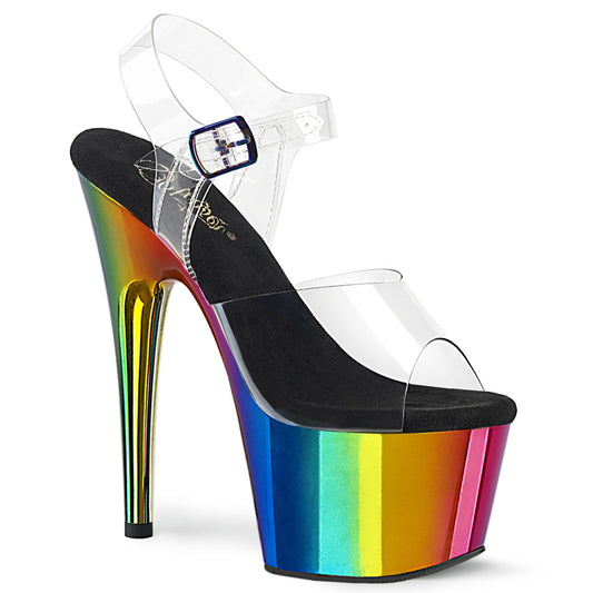 **7" Heel, 2 3/4" Chrome Plated PF Ankle Strap Sandal (Pleaser ADO708RC/C/RBOWCH)
