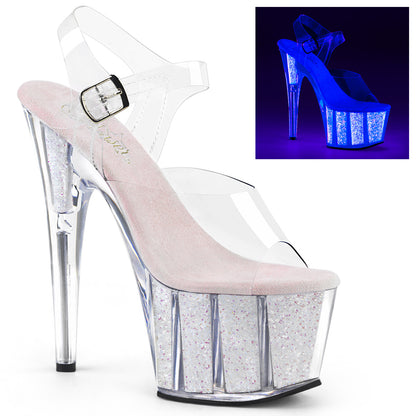 7" Heel, 2 3/4" PF Ankle Strap Sandal w/ Glitter Inserts (Pleaser ADO708UVG/C/NOPG)