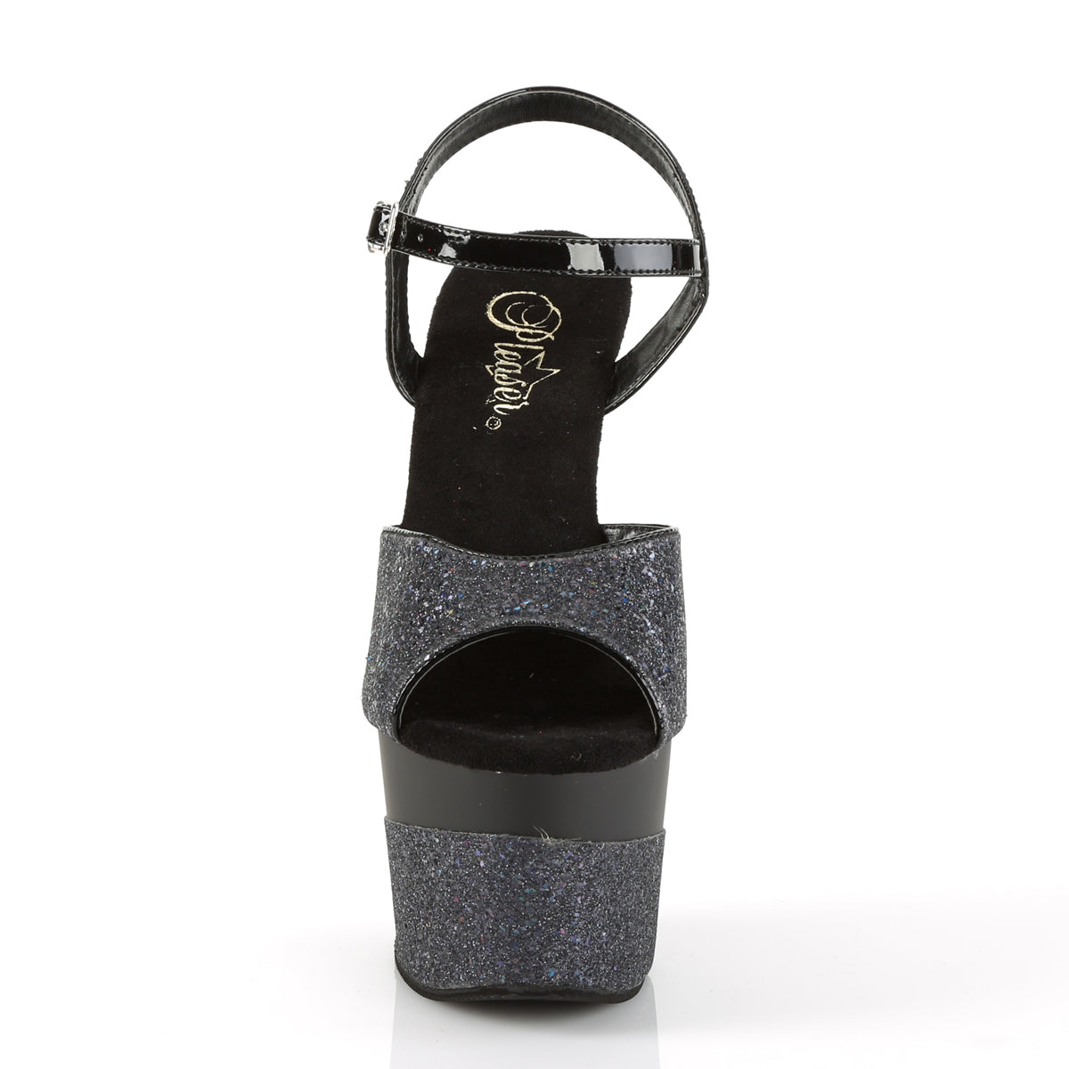 *7" Heel, 2 3/4" PF Ankle Strap Sandal w/Glitter Wrapped PF (Pleaser ADO709-2G/BG/M)