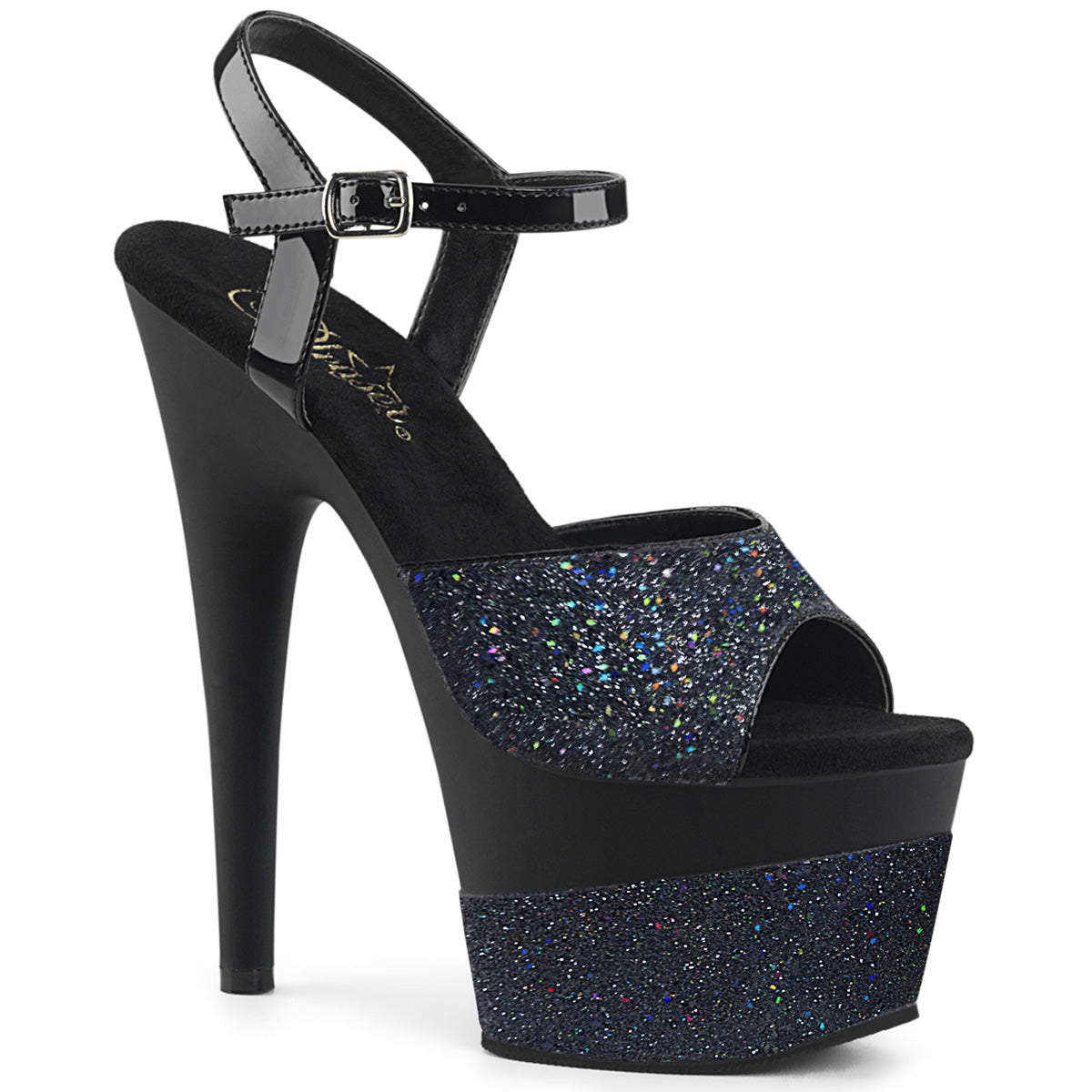 *7" Heel, 2 3/4" PF Ankle Strap Sandal w/Glitter Wrapped PF (Pleaser ADO709-2G/BG/M)