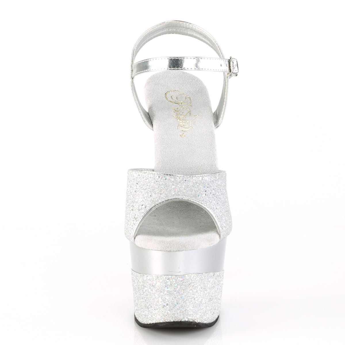 *7" Heel, 2 3/4" PF Ankle Strap Sandal w/Glitter Wrapped PF (Pleaser ADO709-2G/BG/M)