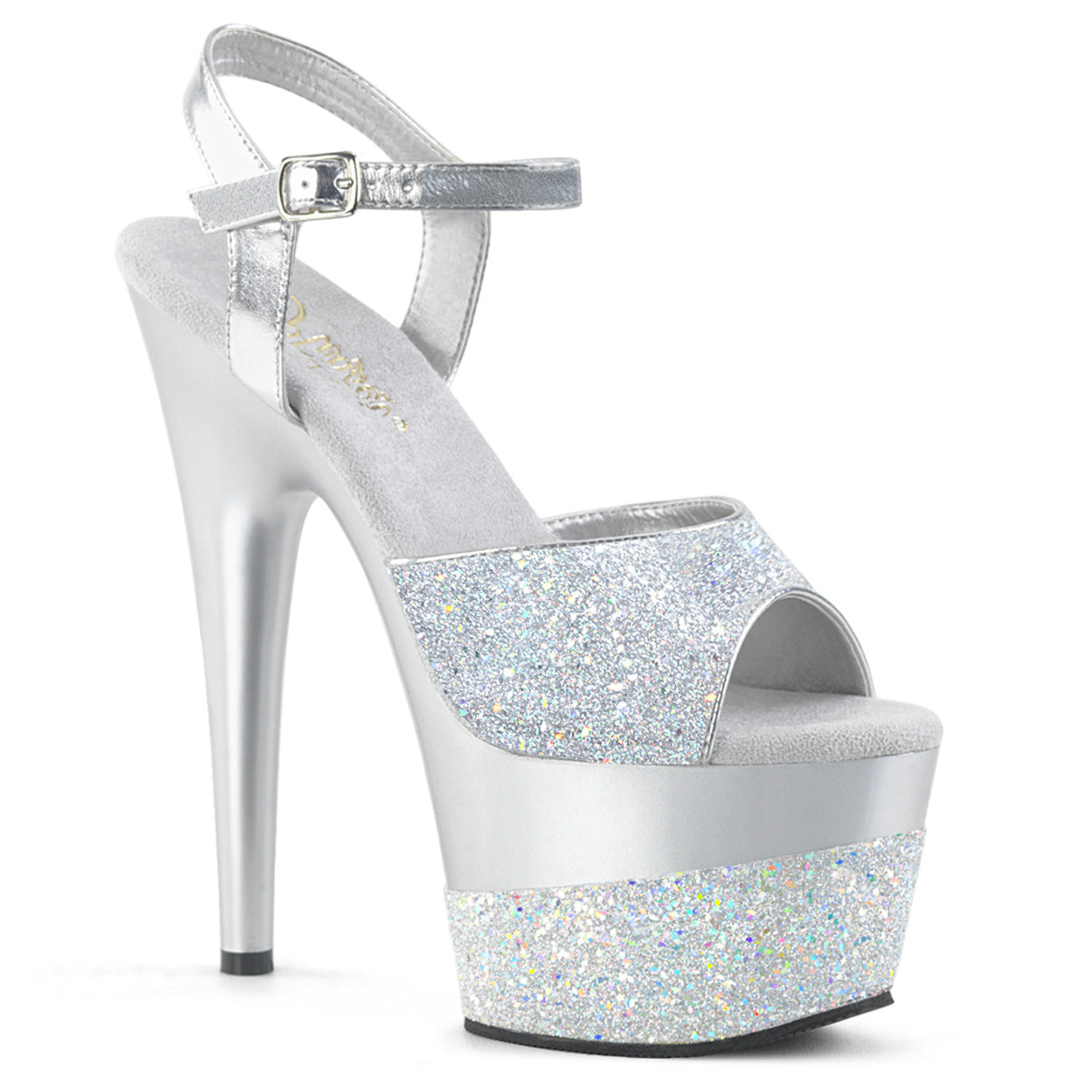 *7" Heel, 2 3/4" PF Ankle Strap Sandal w/Glitter Wrapped PF (Pleaser ADO709-2G/BG/M)