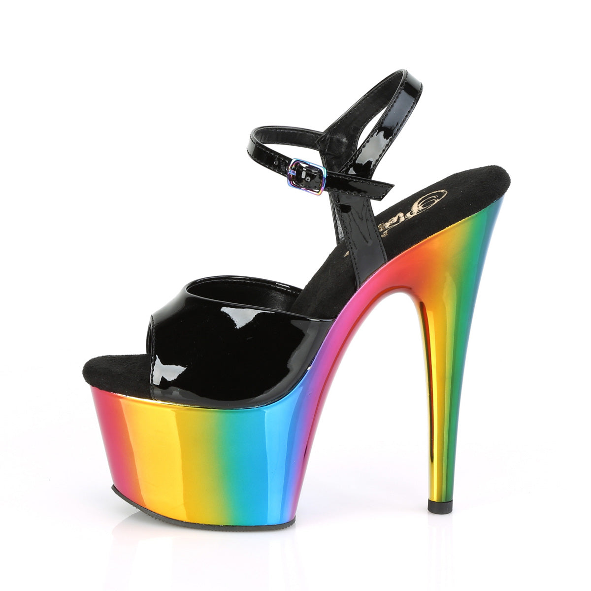 *7" Heel, 2 3/4" Chrome Plated PF Ankle Strap Sandal (Pleaser ADO709RC/B/RBOWCH)