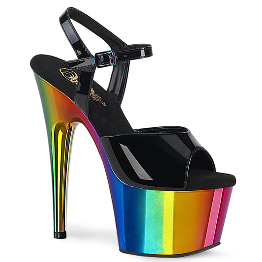 *7" Heel, 2 3/4" Chrome Plated PF Ankle Strap Sandal (Pleaser ADO709RC/B/RBOWCH)