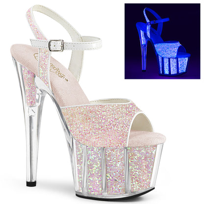 7" Heel, 2 3/4" PF Ankle Strap Sandal w/Glitter Inserts (Pleaser ADO710UVG/NOPG/M)