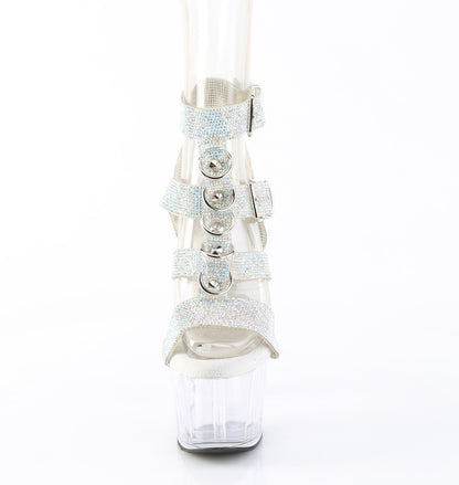 7" Heel, 2 3/4" PF Rhinestoned Dual Buckle T-Strap Sandal (Pleaser ADO756RS/SRS-TPU/C)