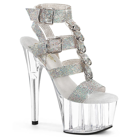 7" Heel, 2 3/4" PF Rhinestoned Dual Buckle T-Strap Sandal (Pleaser ADO756RS/SRS-TPU/C)