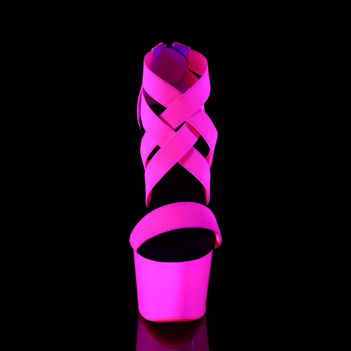 7" Heel,2 3/4" PF UV Reactive Criss Cross Sandal, Back Zip (Pleaser ADO769UV/NHPELS-PT/M)