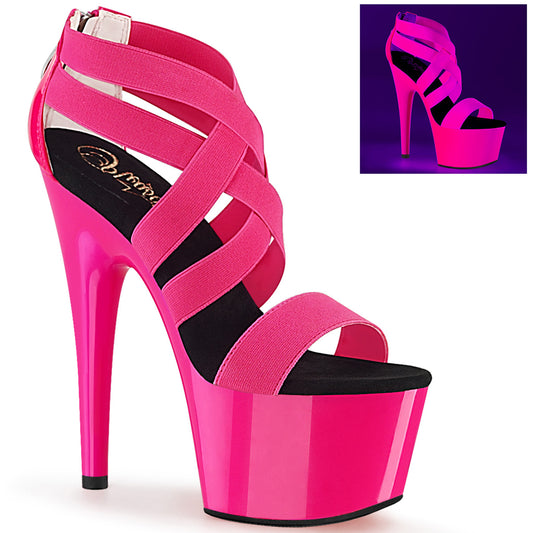 7" Heel,2 3/4" PF UV Reactive Criss Cross Sandal, Back Zip (Pleaser ADO769UV/NHPELS-PT/M)