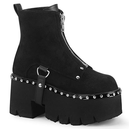 3 1/2"Chunky Heel, 2 1/4"Cut OutPF Ankle Boot,FrontZip (Demonia ASH100/B)