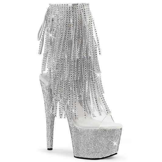7" Heel, 2 3/4" PF Open Toe/Heel Fringe Ankle Boot w/RS (Pleaser BEJ1017RSF-7/C-S/SRS)
