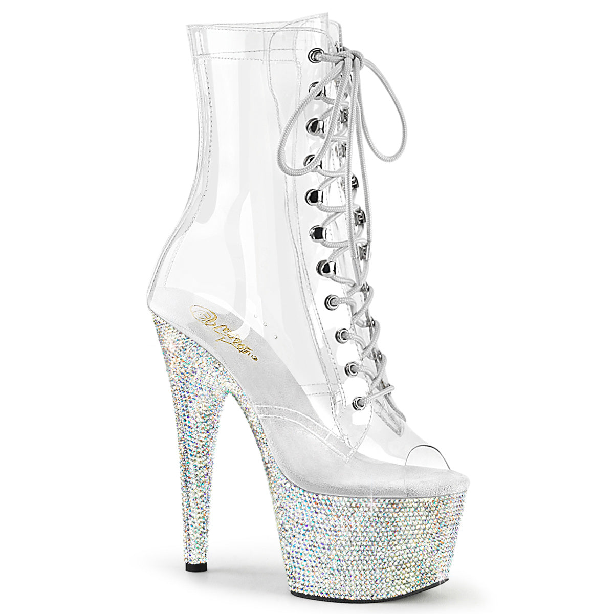 *7" Heel, 2 3/4" PF Peep Toe Lace-Up Front Ankle Boot w/RS (Pleaser BEJ1021C-7/C/SRS)