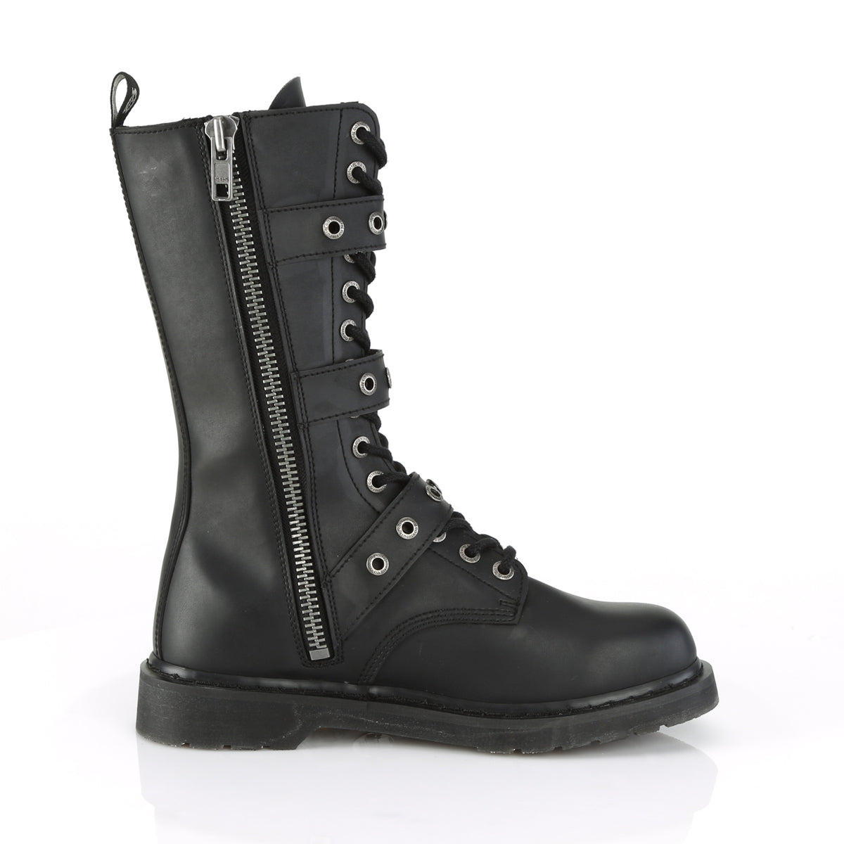 1 1/4" Heel 14 Eyelet Mid-Calf Combat Boot, Side Zip (Demonia BOLT330/BVL)