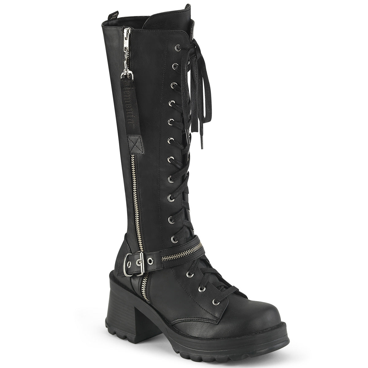 2 3/4" Heel, 1" Platform Lace-Up Knee High Boot, Outer Zip (Demonia BRATTY206/BVL)