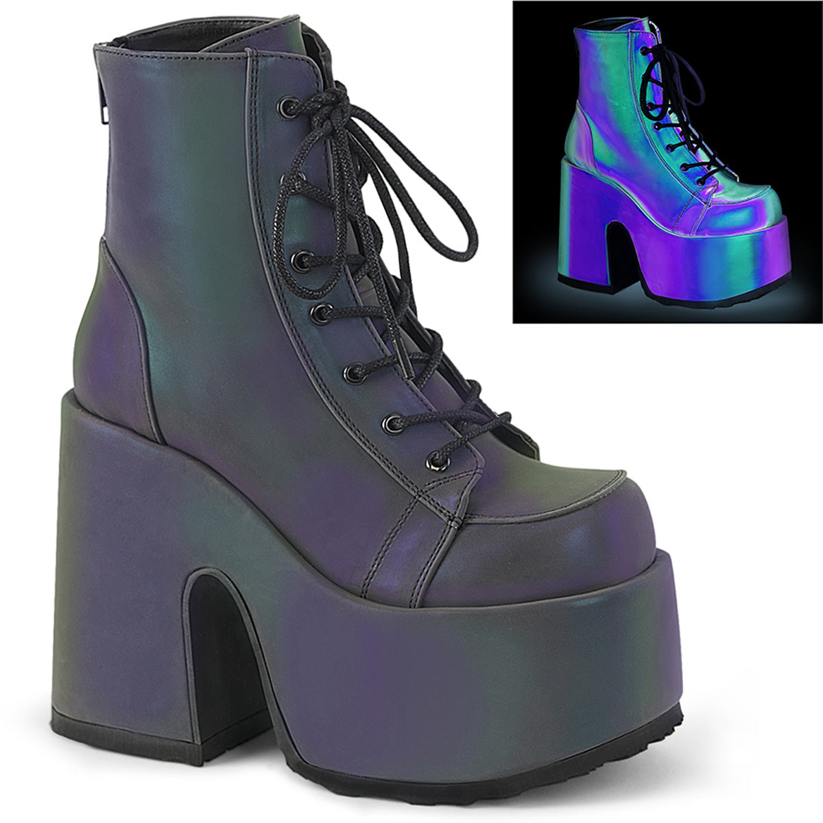 5" ChunkyHeel, 3" P/FLace-Up Ankle Boot, Metal Back Zip (Demonia CAM203/B)