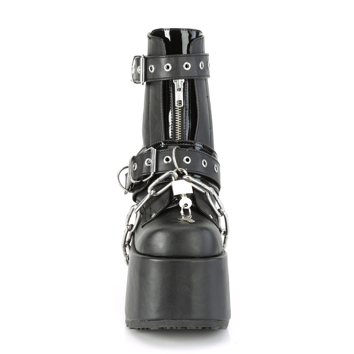 5" Chunky Heel, 3" P/F Lace-Up Ankle Boot, Front Metal Zip (Demonia CAM205/BVL)