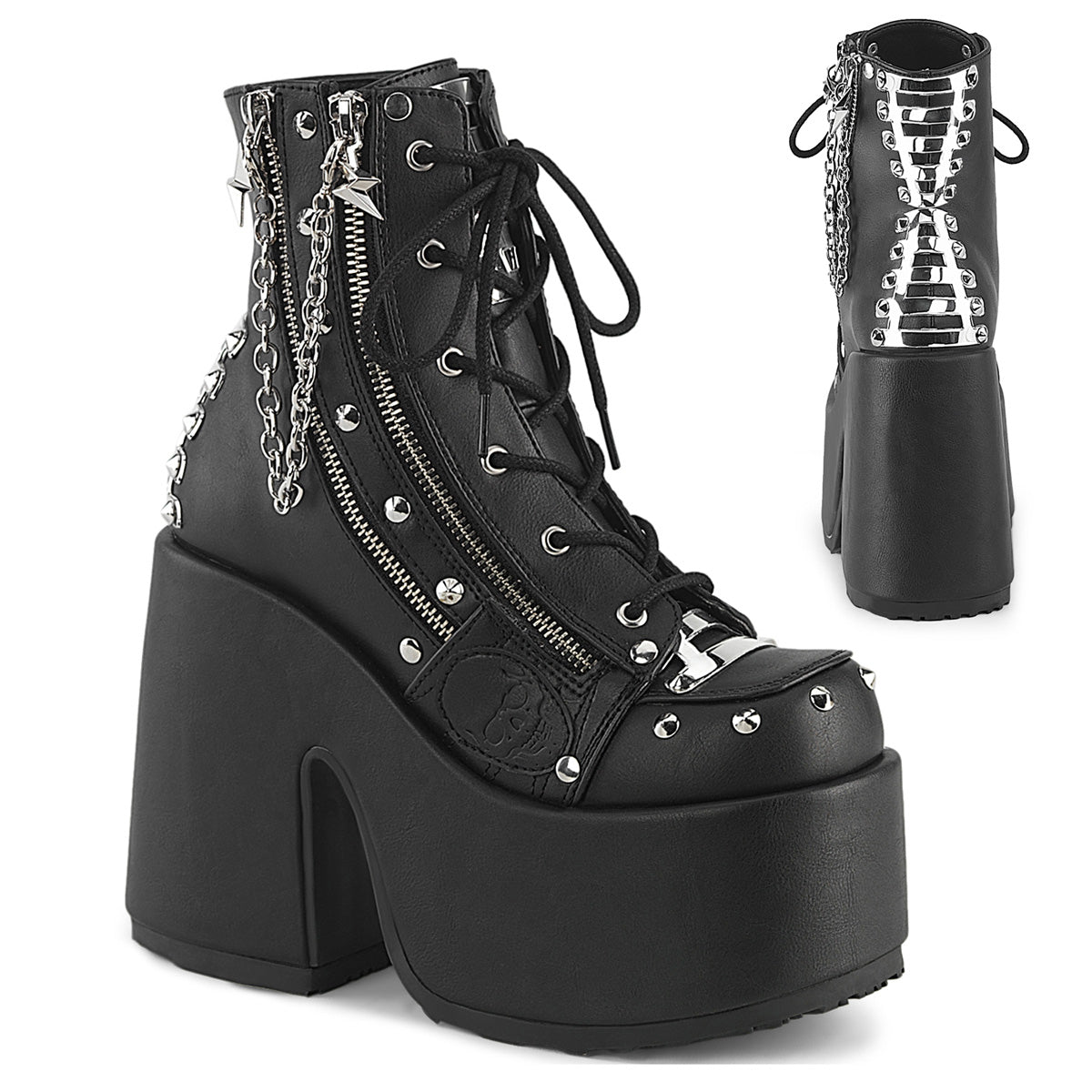 5" Chunky Heel, 3" P/F Lace-Up Ankle Boot, Outside Zip (Demonia CAM208/BVL)