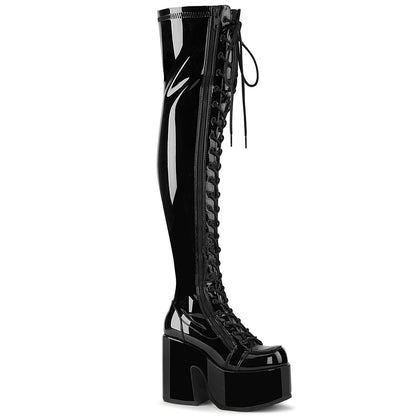 5" ChunkyHeel, 3" PF Thigh-High Lace-UpBoot,OutsideZip (Demonia CAM300/B)