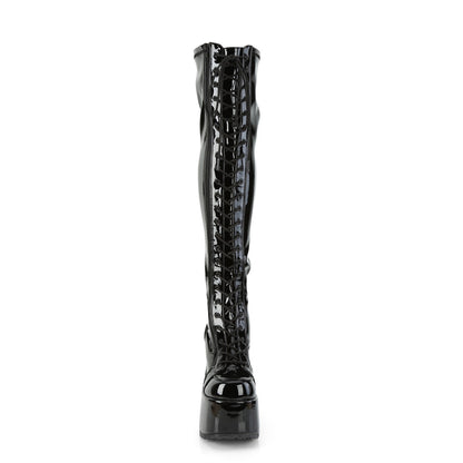 5" ChunkyHeel, 3" PF Thigh-High Lace-UpBoot,OutsideZip (Demonia CAM300/B)