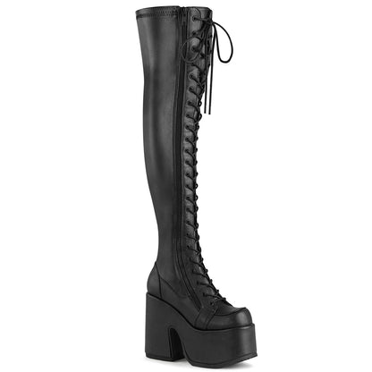 5" ChunkyHeel, 3" PF Thigh-High Lace-UpBoot,OutsideZip (Demonia CAM300/B)