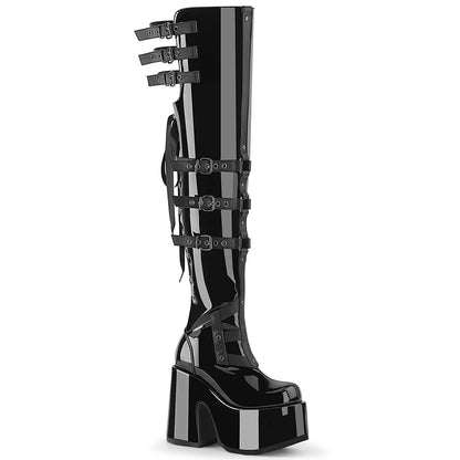 5" Chunky Heel, 3" PF Back Lace Thigh-High Boot, Inside Zip (Demonia CAM308/B)