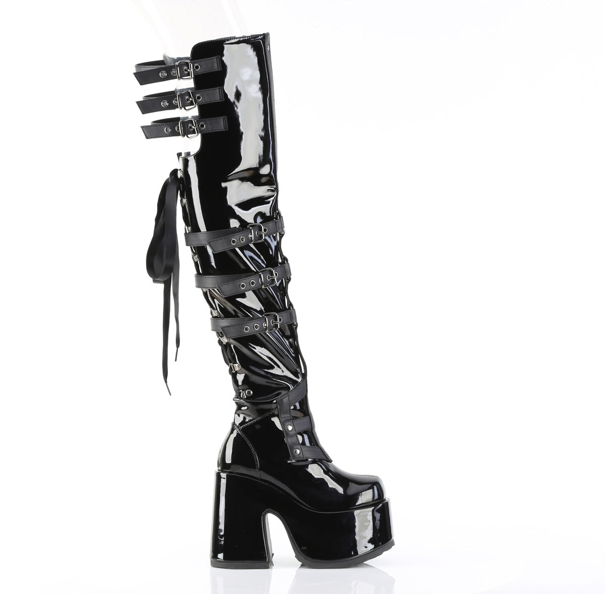 5" Chunky Heel, 3" PF Back Lace Thigh-High Boot, Inside Zip (Demonia CAM308/B)