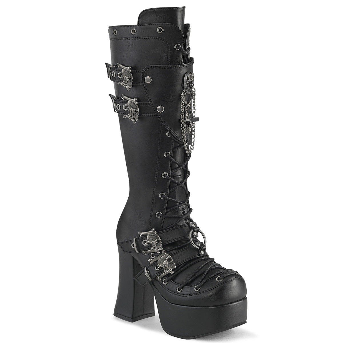 4 1/2" Heel, 2" PF Lace-Up Front Knee High Boot, Inside Zip (Demonia CHA230/BVL)