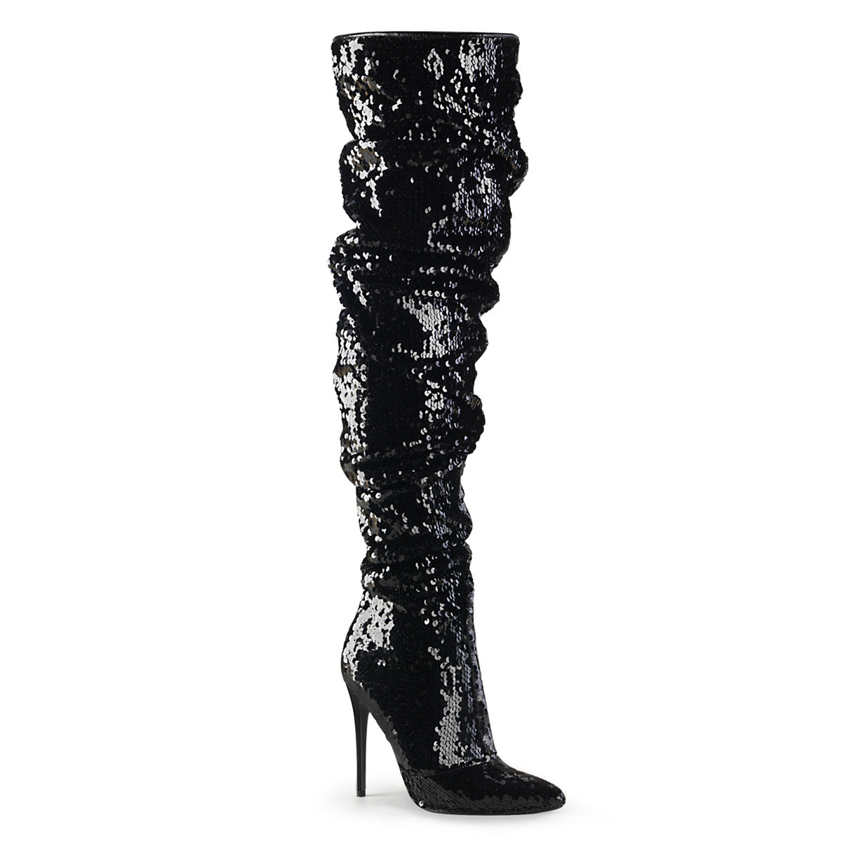 5" Ruched Sequined Thigh High Boot, 1/3 Side Zip (Pleaser COURTLY3011/BSQ)