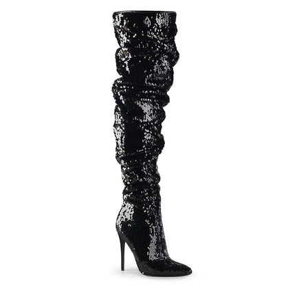5" Ruched Sequined Thigh High Boot, 1/3 Side Zip (Pleaser COURTLY3011/BSQ)
