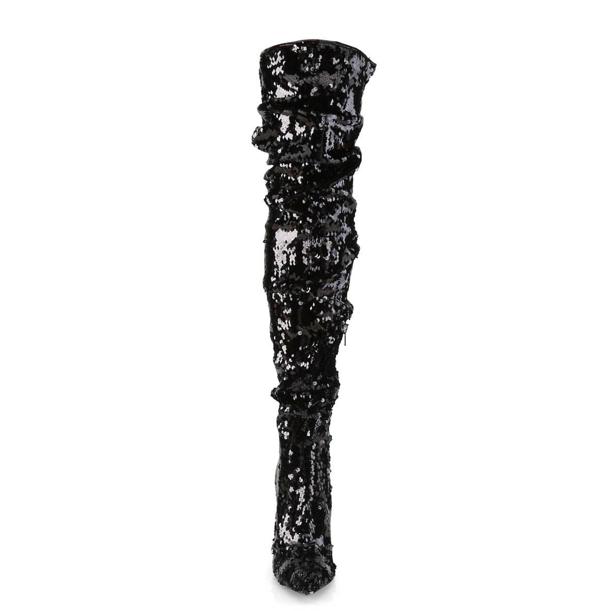 5" Ruched Sequined Thigh High Boot, 1/3 Side Zip (Pleaser COURTLY3011/BSQ)