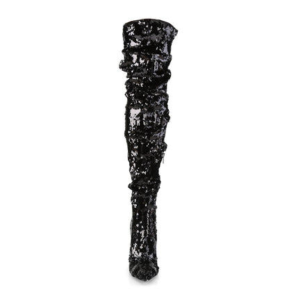5" Ruched Sequined Thigh High Boot, 1/3 Side Zip (Pleaser COURTLY3011/BSQ)