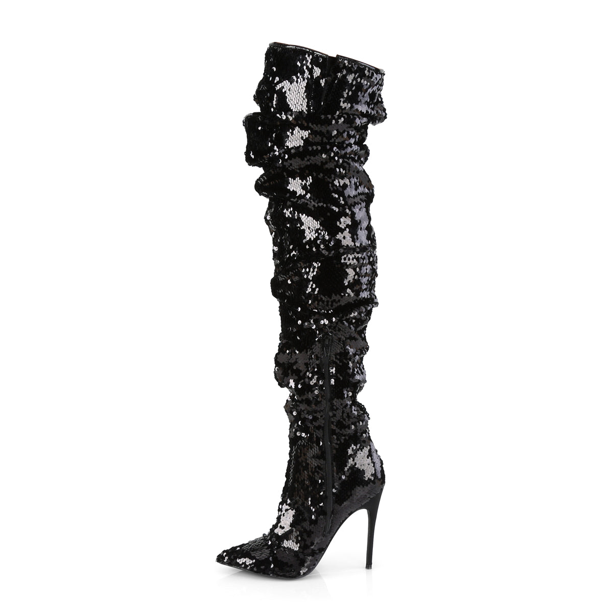 5" Ruched Sequined Thigh High Boot, 1/3 Side Zip (Pleaser COURTLY3011/BSQ)