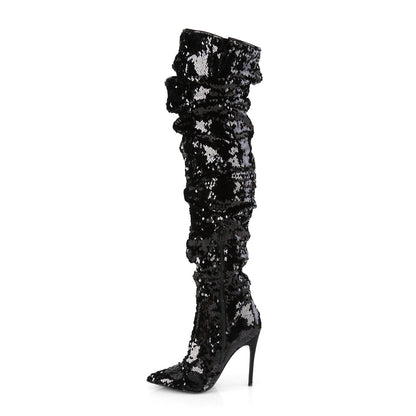 5" Ruched Sequined Thigh High Boot, 1/3 Side Zip (Pleaser COURTLY3011/BSQ)