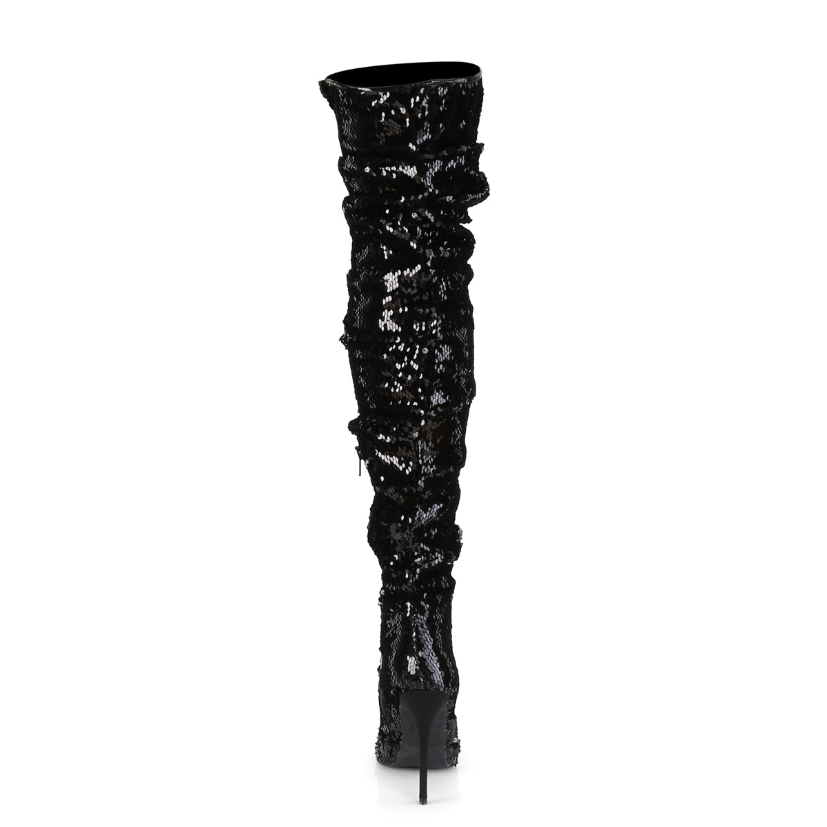 5" Ruched Sequined Thigh High Boot, 1/3 Side Zip (Pleaser COURTLY3011/BSQ)