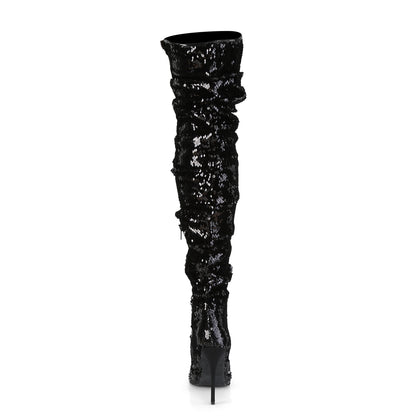 5" Ruched Sequined Thigh High Boot, 1/3 Side Zip (Pleaser COURTLY3011/BSQ)