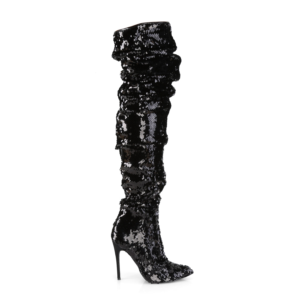 5" Ruched Sequined Thigh High Boot, 1/3 Side Zip (Pleaser COURTLY3011/BSQ)