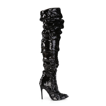 5" Ruched Sequined Thigh High Boot, 1/3 Side Zip (Pleaser COURTLY3011/BSQ)