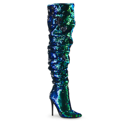 5" Ruched Sequined Thigh High Boot, 1/3 Side Zip (Pleaser COURTLY3011/BSQ)