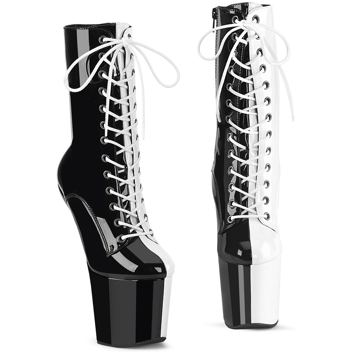 8" Heelless, 3" PF Two Tone Lace-Up Ankle Boot, Side Zip (Pleaser CRAZE1040TT/B-W/M)