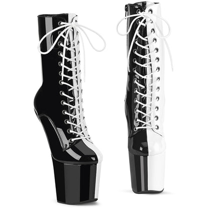 8" Heelless, 3" PF Two Tone Lace-Up Ankle Boot, Side Zip (Pleaser CRAZE1040TT/B-W/M)