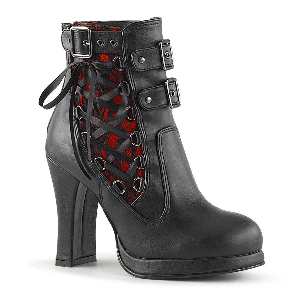 4" Heel, 3/4" PF Corseted Triple Buckled Straps Ankle Boot (Demonia CRYP51/BRVL)