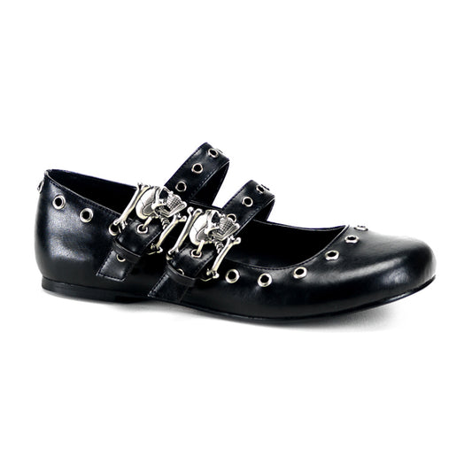 Ballet Flat Double Strap MJ W/ Skull Buckle Eyelet Detailing (Demonia DAI03/B/PU)