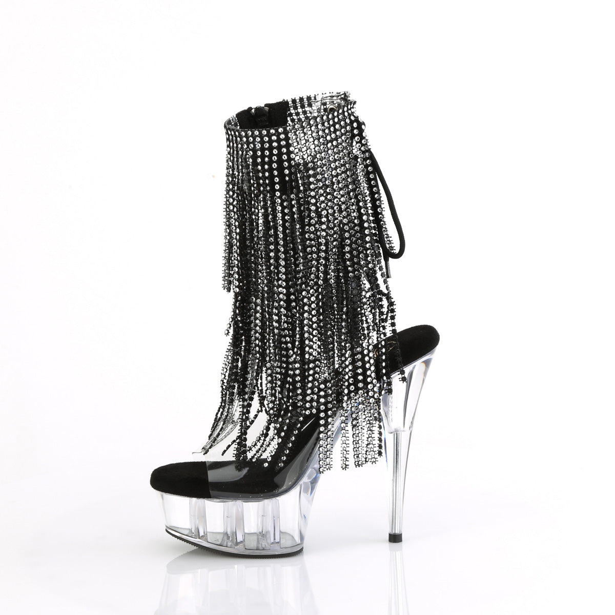 6" Heel, 1 3/4" PF Open Toe/Heel Lace-Up Fringe Ankle Boot (Pleaser DEL1017RSF/C-B/C)