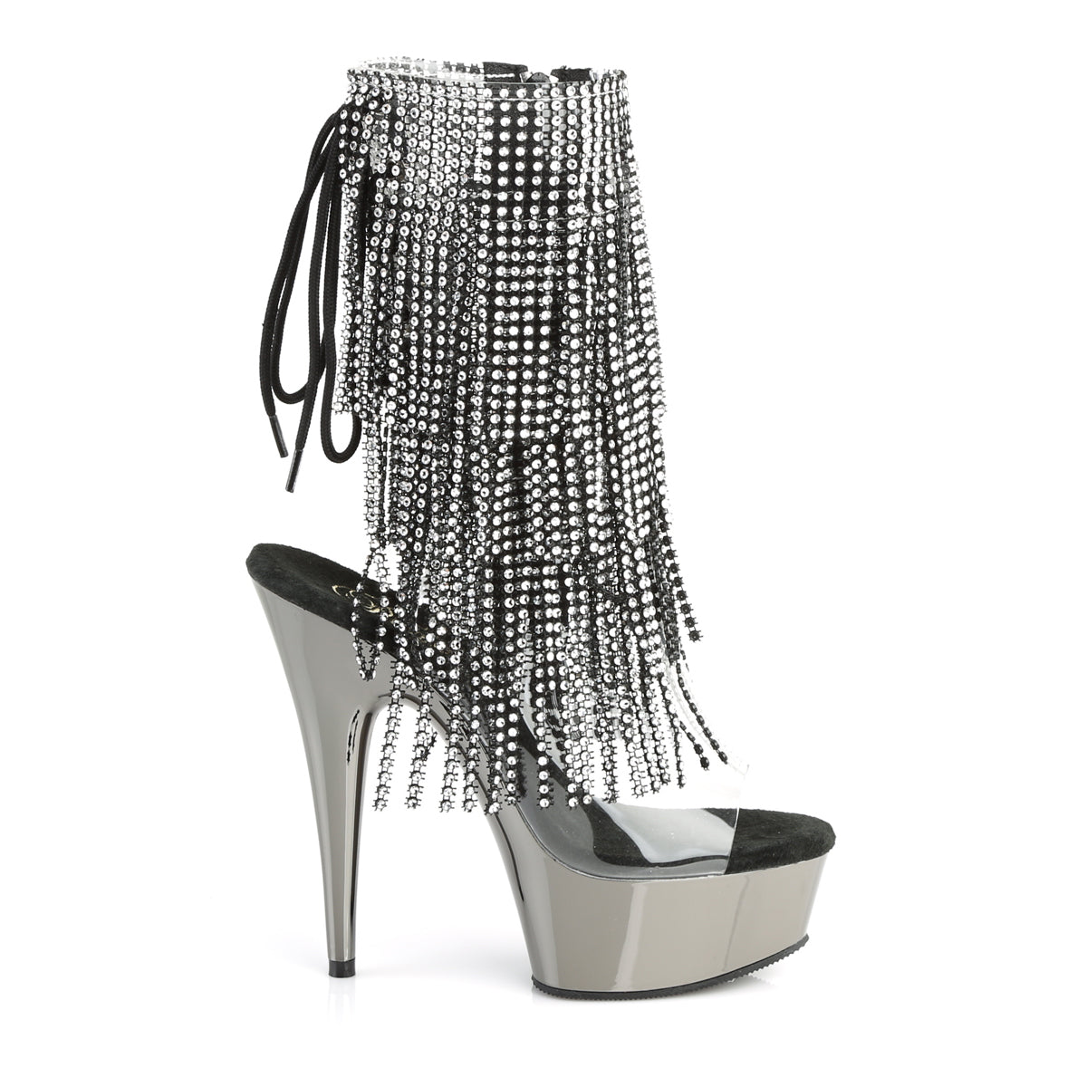 6" Heel, 1 3/4" PF Open Toe/Heel Lace-Up Fringe Ankle Boot (Pleaser DEL1017RSF/C-B/C)
