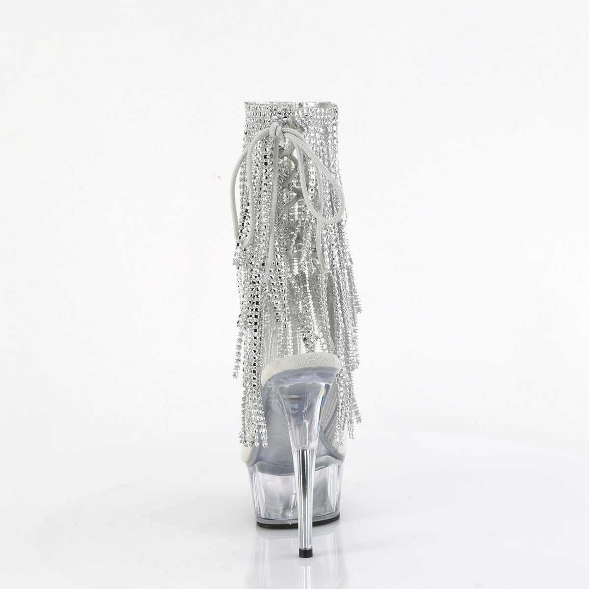 6" Heel, 1 3/4" PF Open Toe/Heel Lace-Up Fringe Ankle Boot (Pleaser DEL1017RSF/C-B/C)