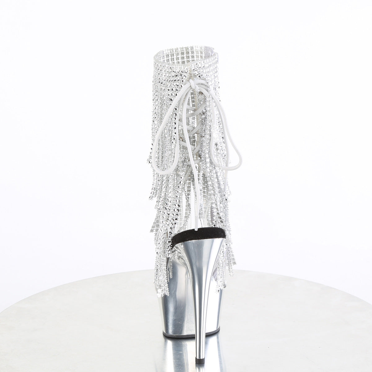 6" Heel, 1 3/4" PF Open Toe/Heel Lace-Up Fringe Ankle Boot (Pleaser DEL1017RSF/C-B/C)