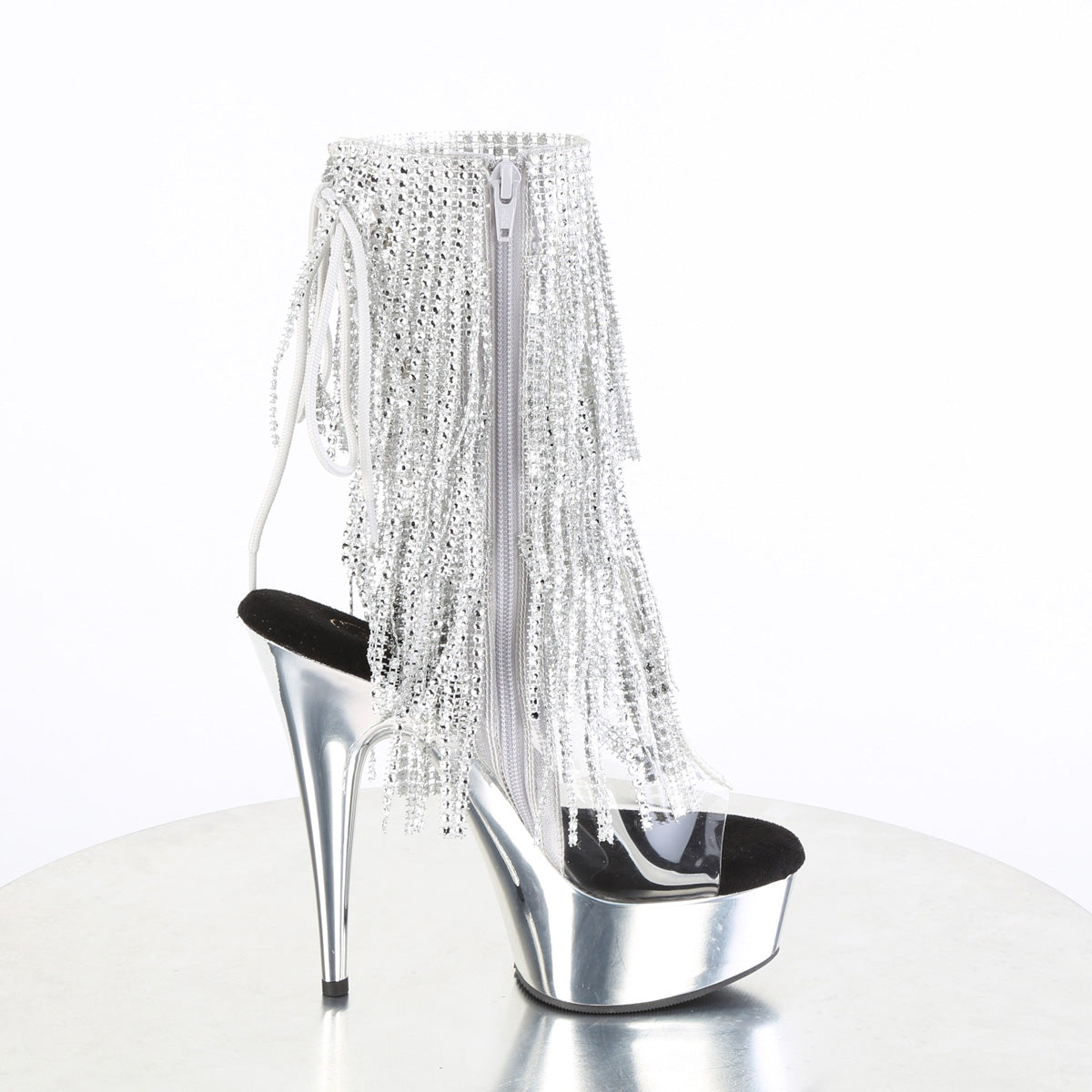 6" Heel, 1 3/4" PF Open Toe/Heel Lace-Up Fringe Ankle Boot (Pleaser DEL1017RSF/C-B/C)