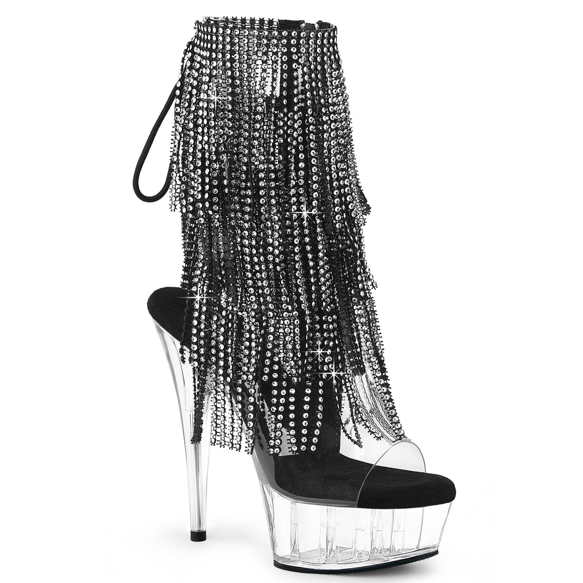 6" Heel, 1 3/4" PF Open Toe/Heel Lace-Up Fringe Ankle Boot (Pleaser DEL1017RSF/C-B/C)